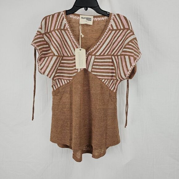 Savanna Jane Tan Embroidered Babydoll Knit Relaxed Fit Women's Size Small Nwt - Picture 3 of 9